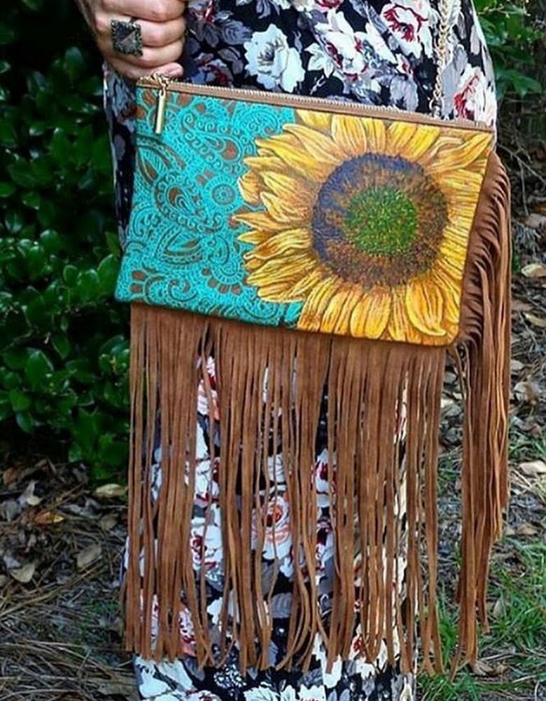 Hand Painted Sunflower Painting Crossbody Bag
