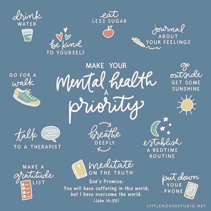 Blue background with white text and icons promoting mental health, including walking, meditation, gratitude, and sunshine.