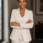Woman in a white suit smiling with arms crossed, standing indoors near a window.