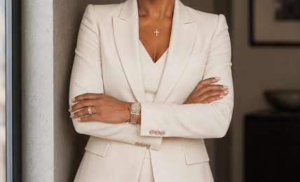 Woman in a white suit smiling with arms crossed, standing indoors near a window.