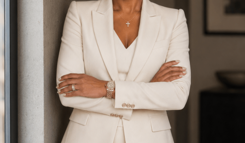 Woman in a white suit smiling with arms crossed, standing indoors near a window.