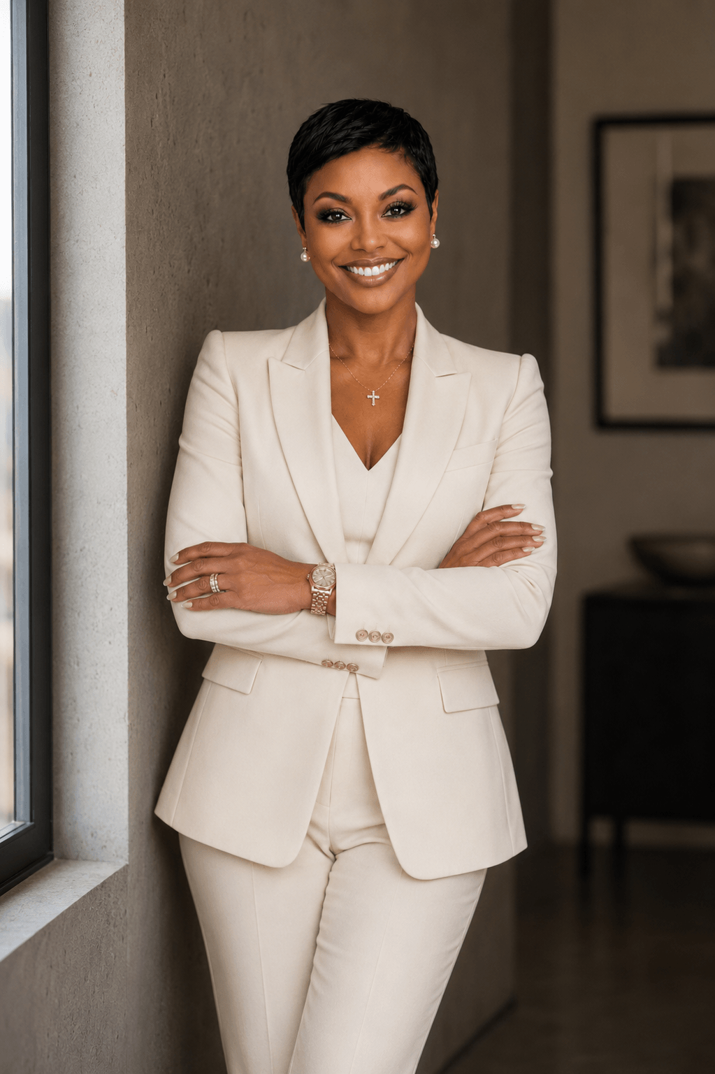 Woman in a white suit smiling with arms crossed, standing indoors near a window.
