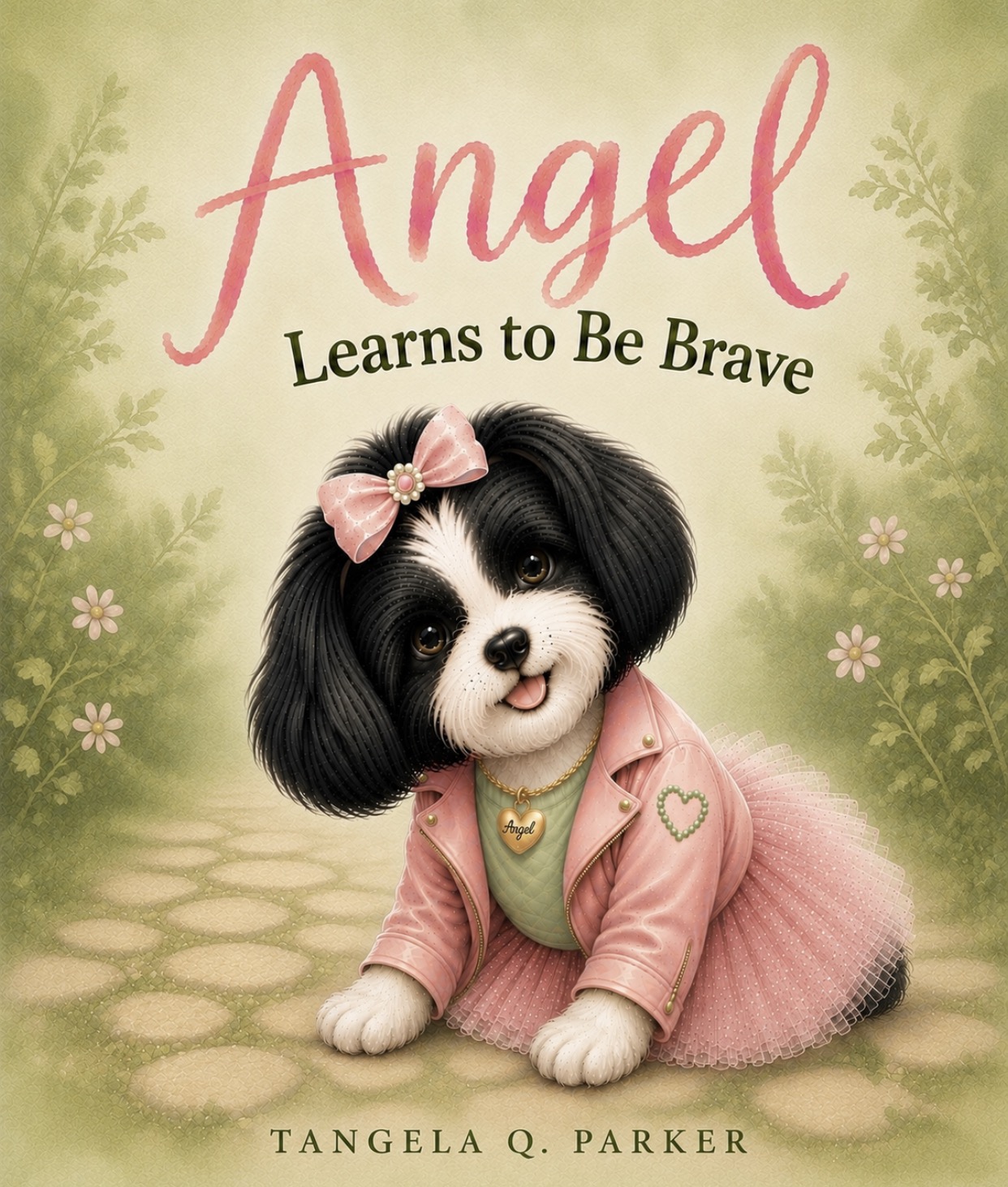 Cute puppy with a pink bow and dress, sitting on a path with greenery and flowers in the background.