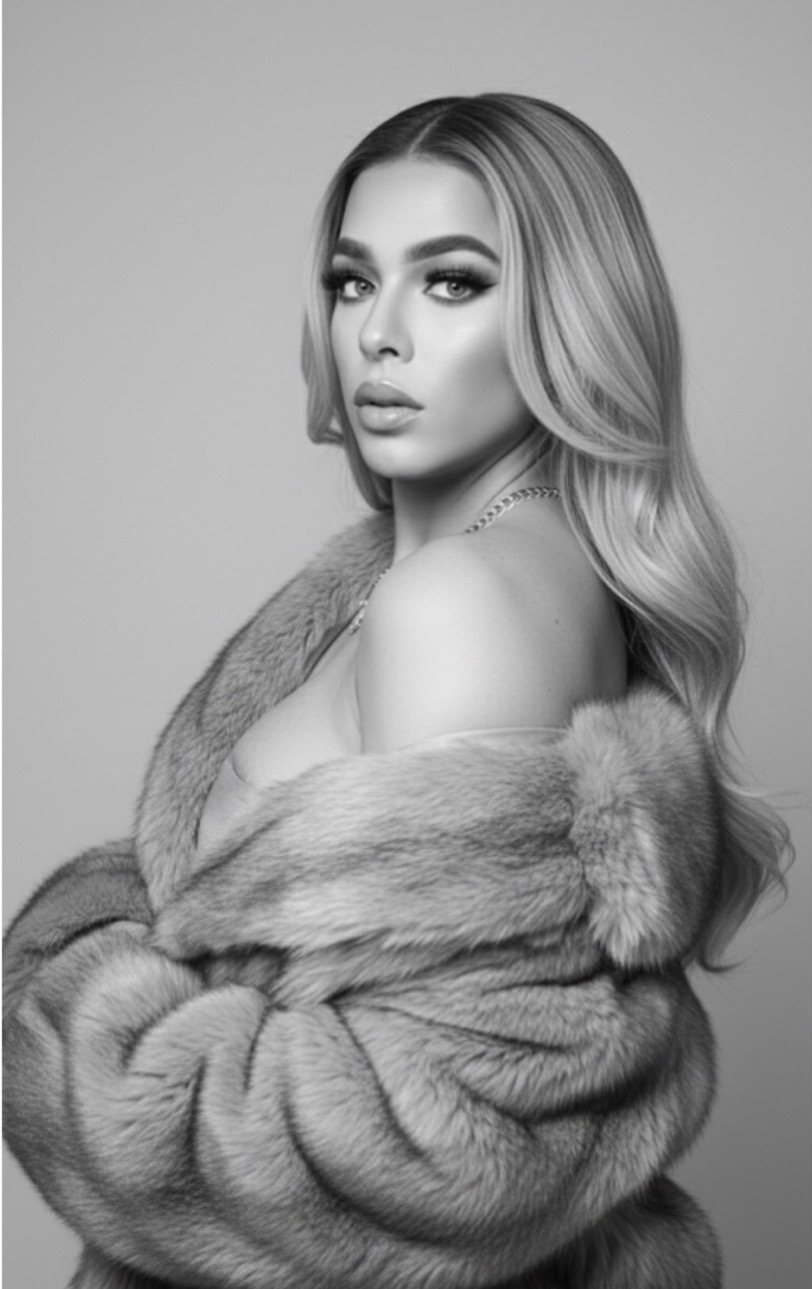 Woman with long wavy hair wearing a fur coat, looking at the camera, in black and white.