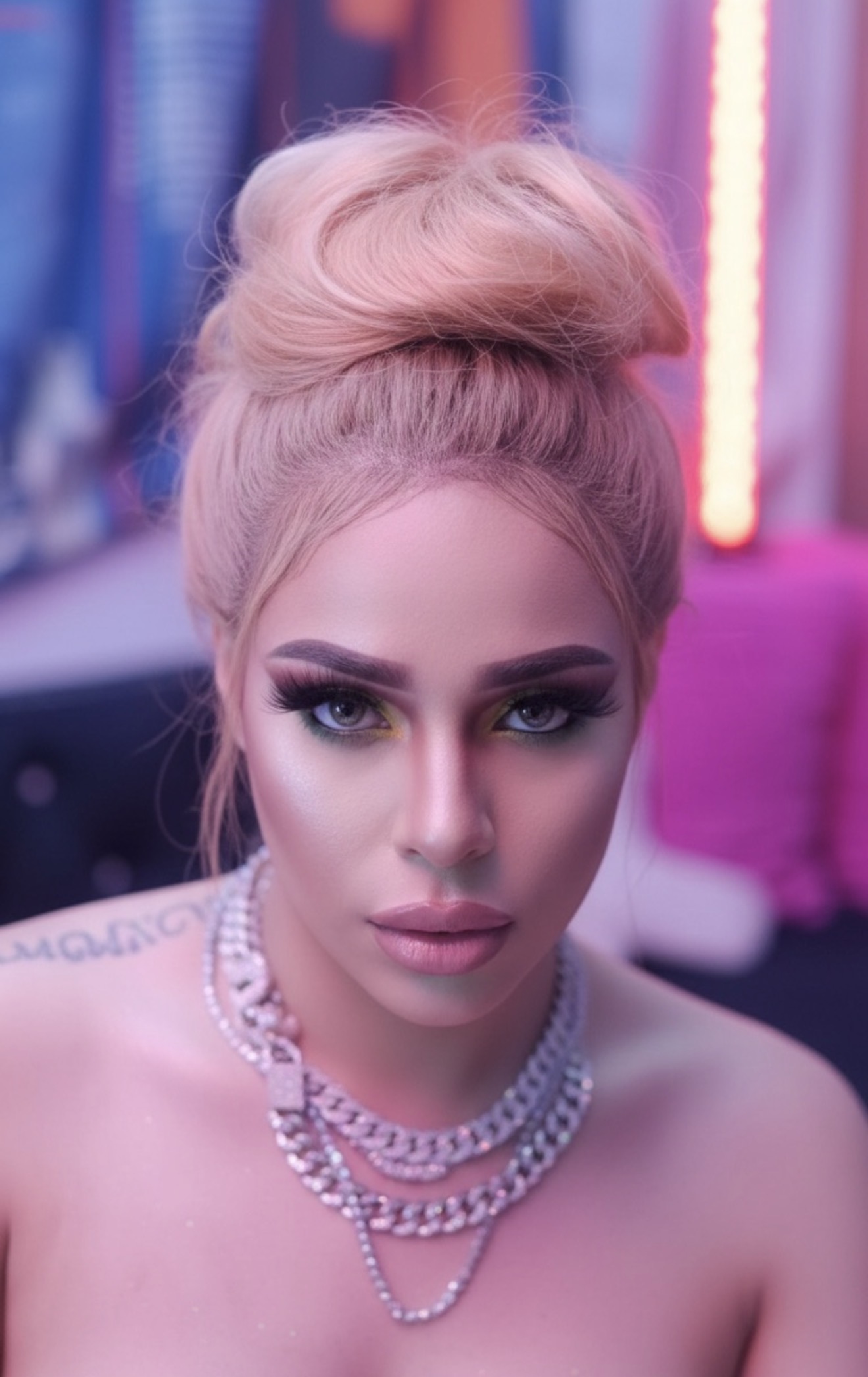 Close-up of a woman with pink hair styled in an updo, wearing layered pearl necklaces, in a colorful setting.