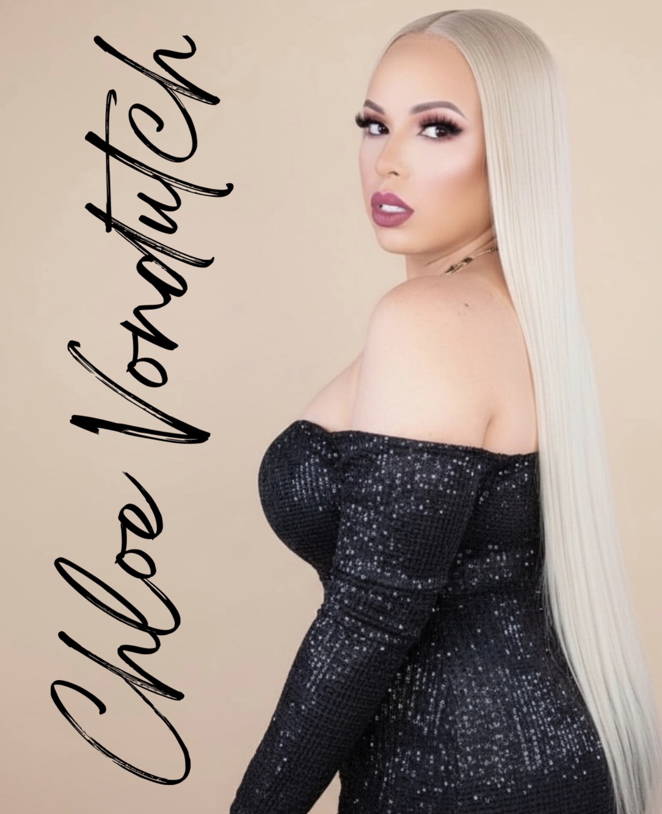 Woman with long platinum blonde hair, wearing a black sequined off-shoulder dress, looking at the camera, with text 'Chloe Vonderh' vertically on the left.