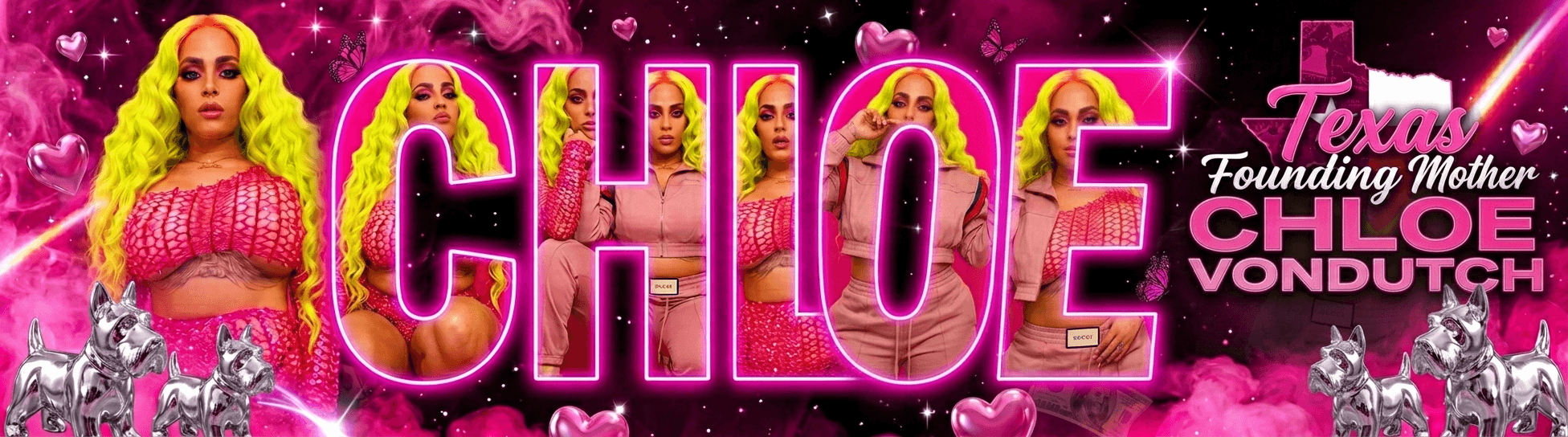 Pink background with large pink letters spelling 'CHLOE' and images of a woman with long blonde hair, pink top, and silver accessories.