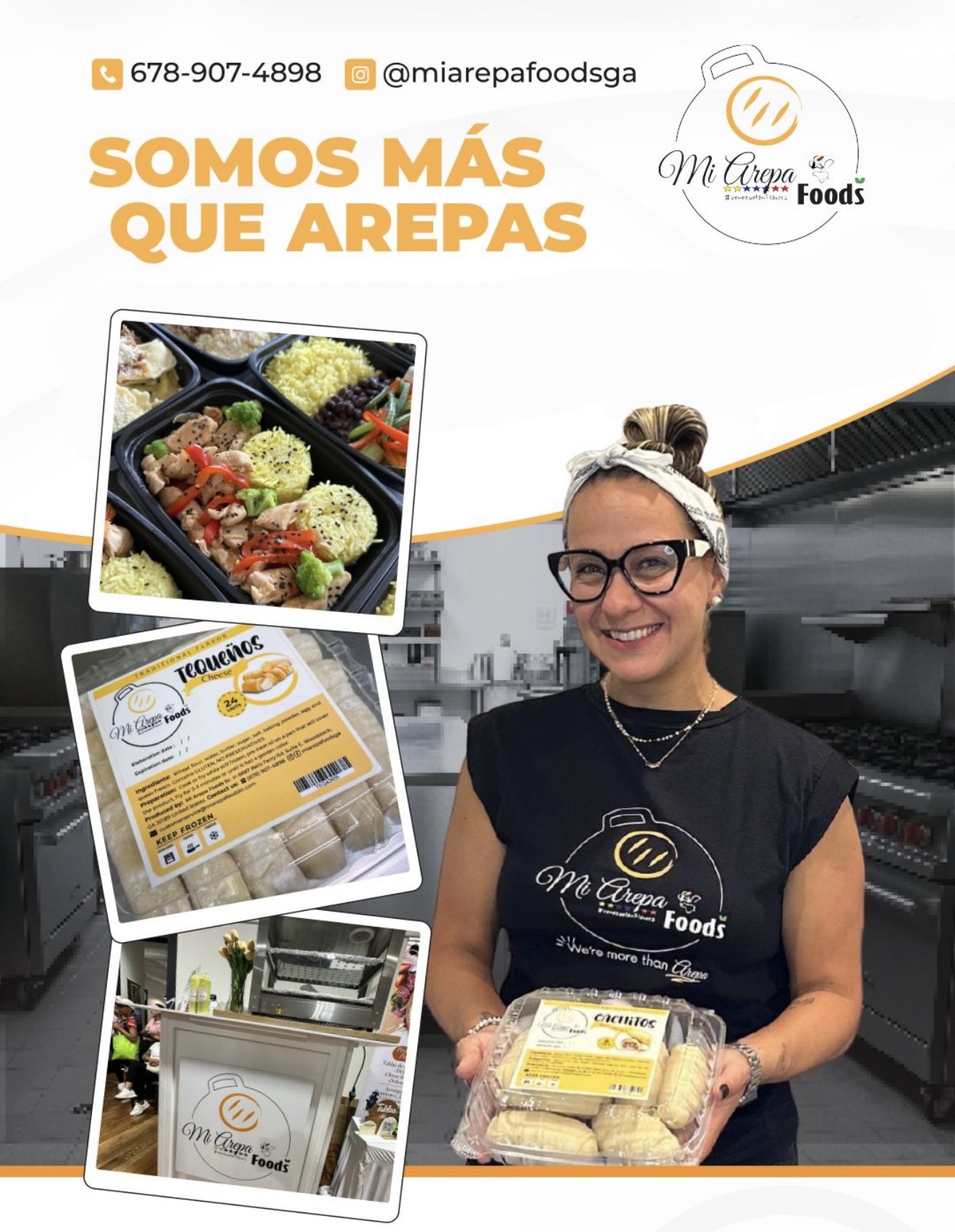 Smiling woman holding food package, with images of prepared meals and a food truck in the background.