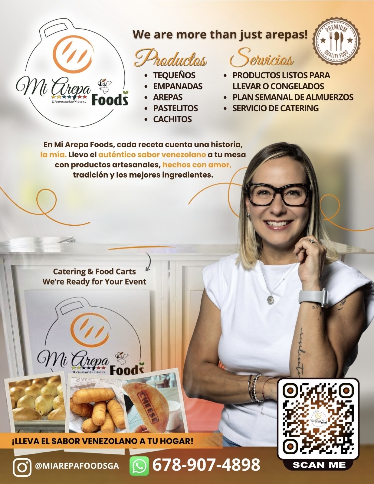 Woman with glasses smiling, promotional flyer for Mi Arpa Foods, QR code, phone number, and food images.