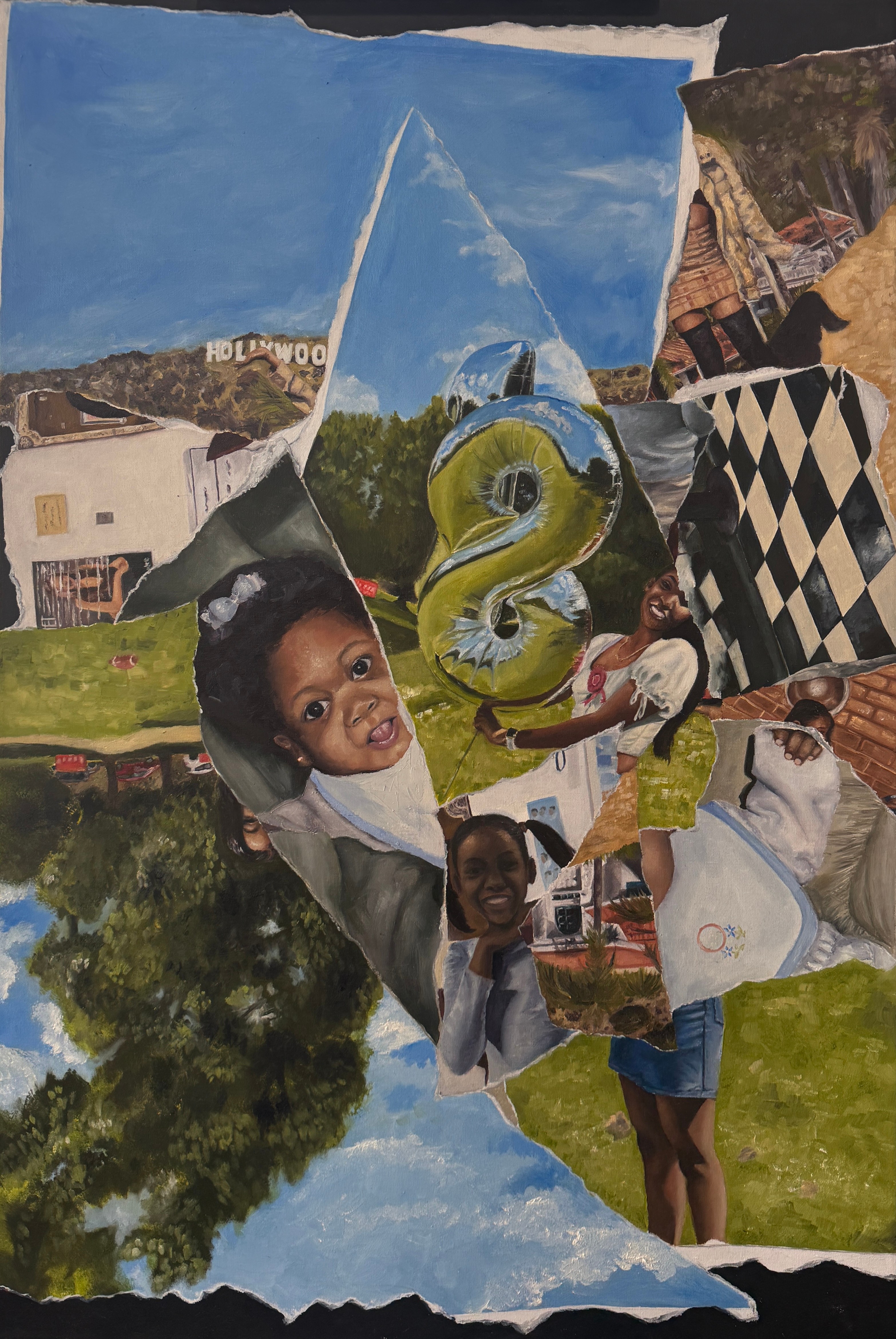Collage of children, landscape, and buildings with a large yellow number two balloon, in a torn paper style.