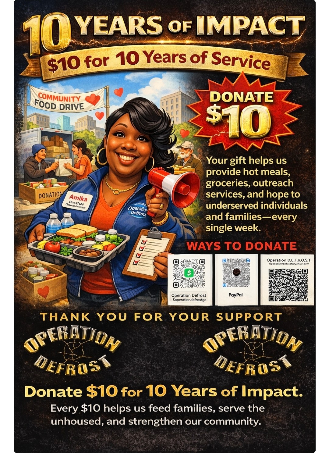 Smiling woman in blue shirt holding a clipboard and a tray of food at a community food drive event, with donation and support messages.