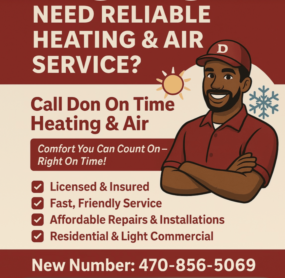 Advertisement for heating and air service with a smiling man in a red uniform and cap, contact number included.