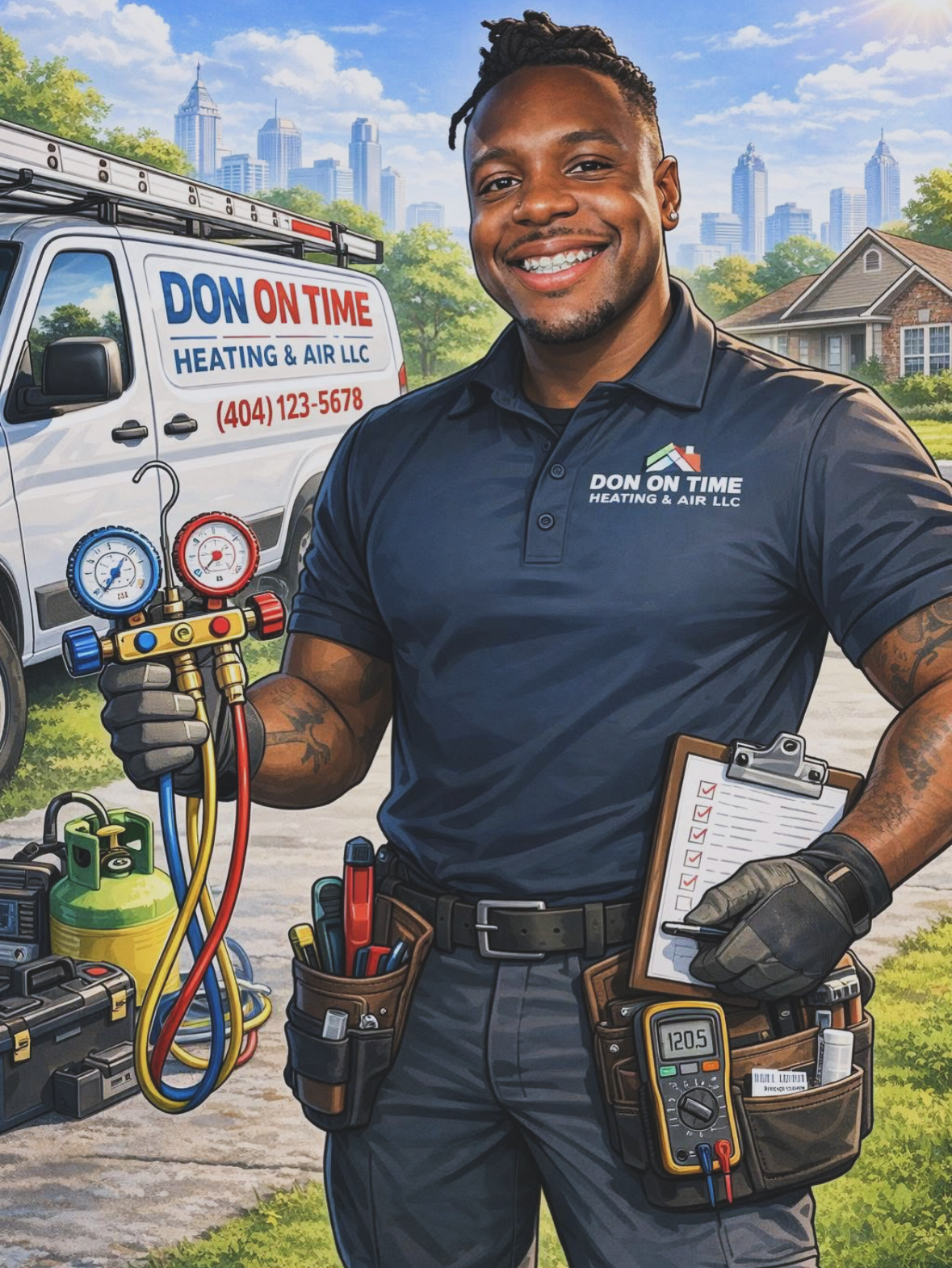 Smiling technician in uniform holding HVAC tools, with service van and city skyline in background.