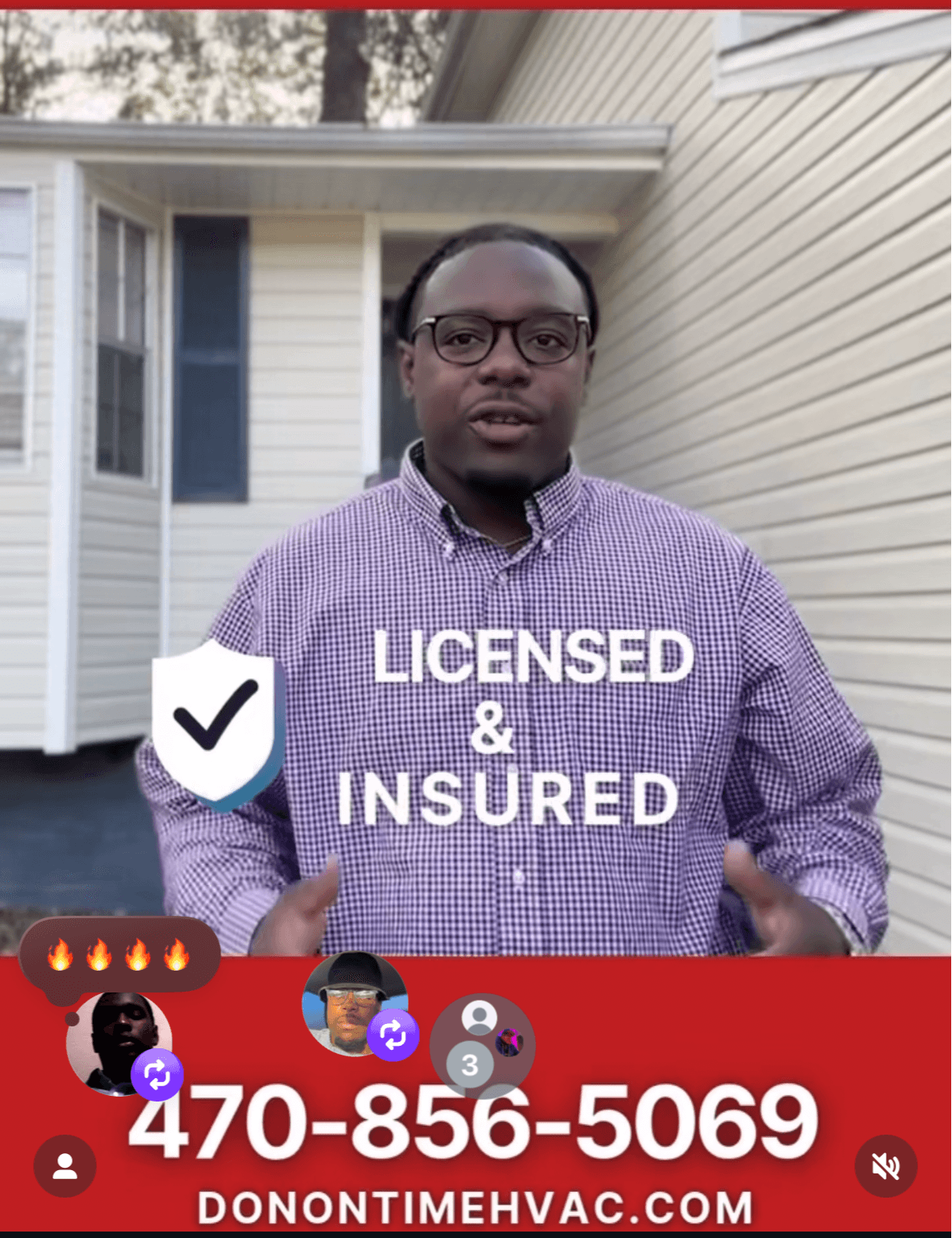 Man wearing glasses and a purple checkered shirt standing outside a house, holding a sign that says 'Licensed & Insured'.