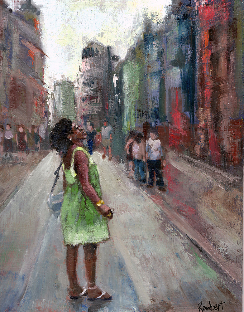 City street scene with people walking, buildings in the background, and a woman in a green dress in the foreground.