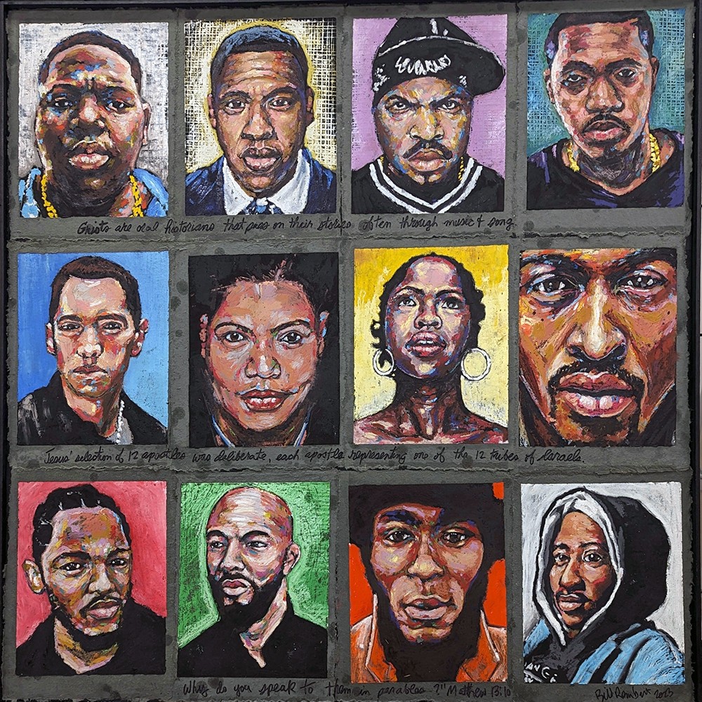 Collection of twelve painted portraits of diverse individuals, arranged in three rows, with various backgrounds and expressions.