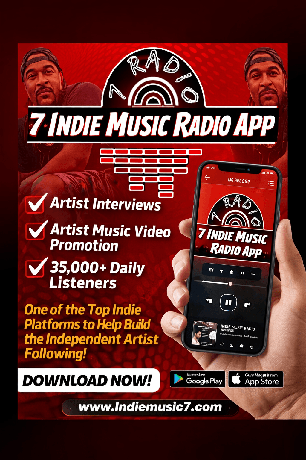 Promotional poster for Indie Music Radio App with a smartphone displaying the app, red background, and text about features and download links.