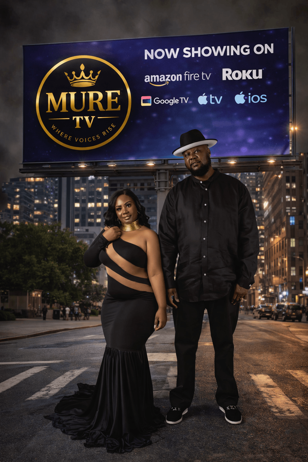 Two people standing in front of a billboard at night, city lights in the background, one woman in a black dress and one man in a black shirt and hat.