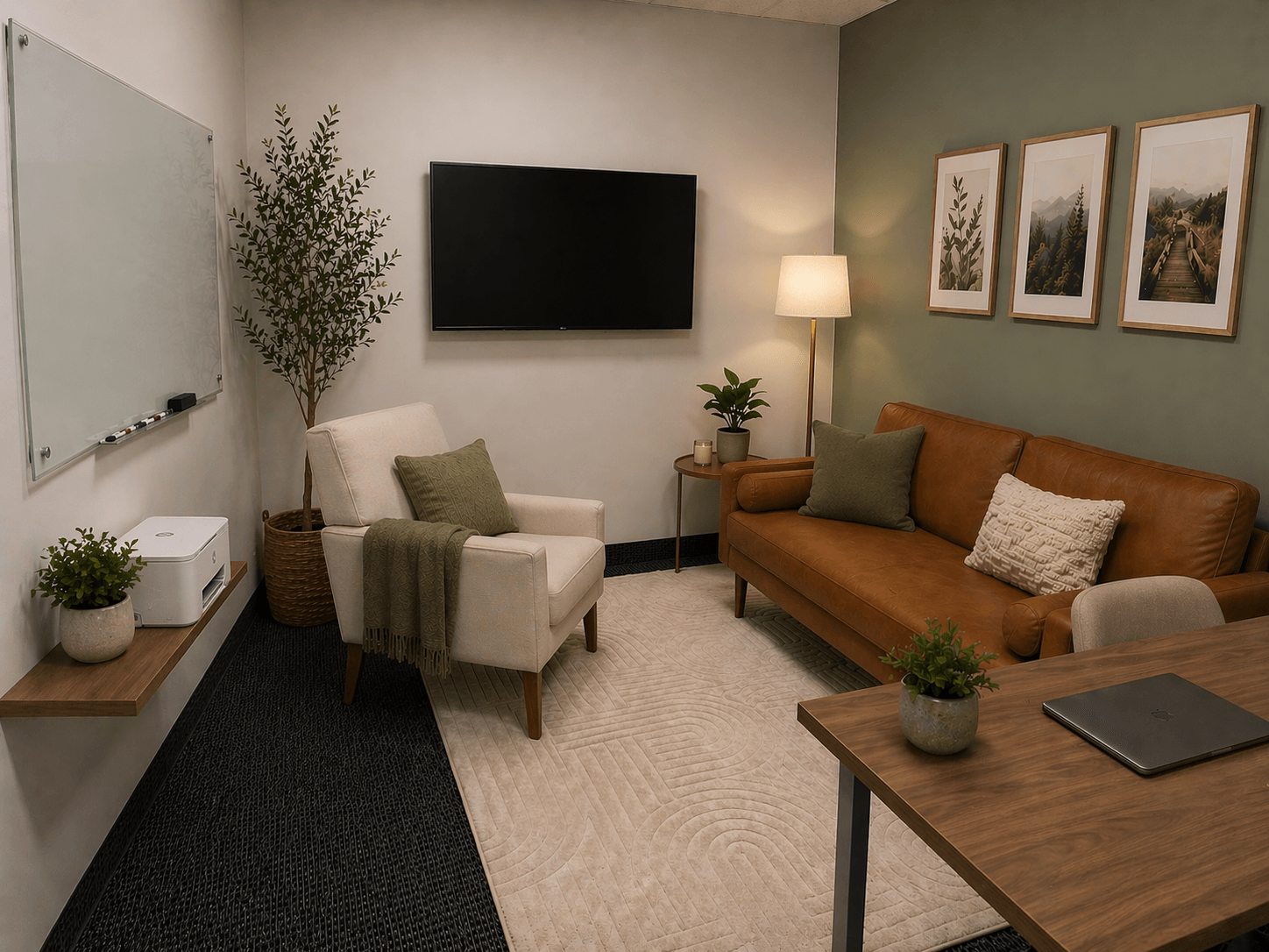 Living room with a brown sofa, white armchair, wall-mounted TV, potted plants, framed pictures, and a whiteboard.