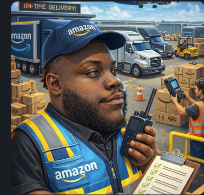 Amazon delivery worker with a walkie-talkie and clipboard in a warehouse yard with trucks and boxes.