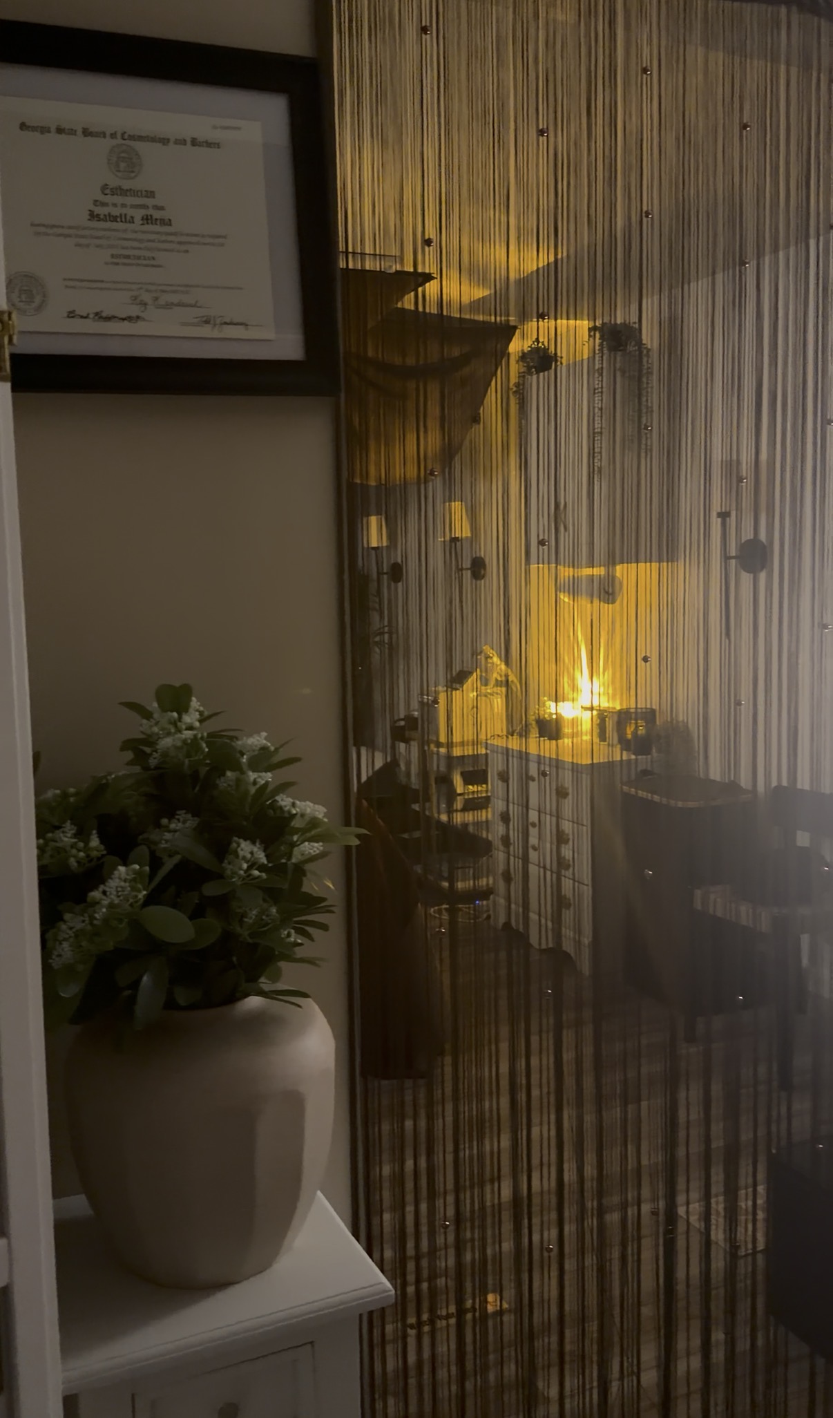 Interior scene with a potted plant, framed certificate, and a curtain with warm lighting behind it.