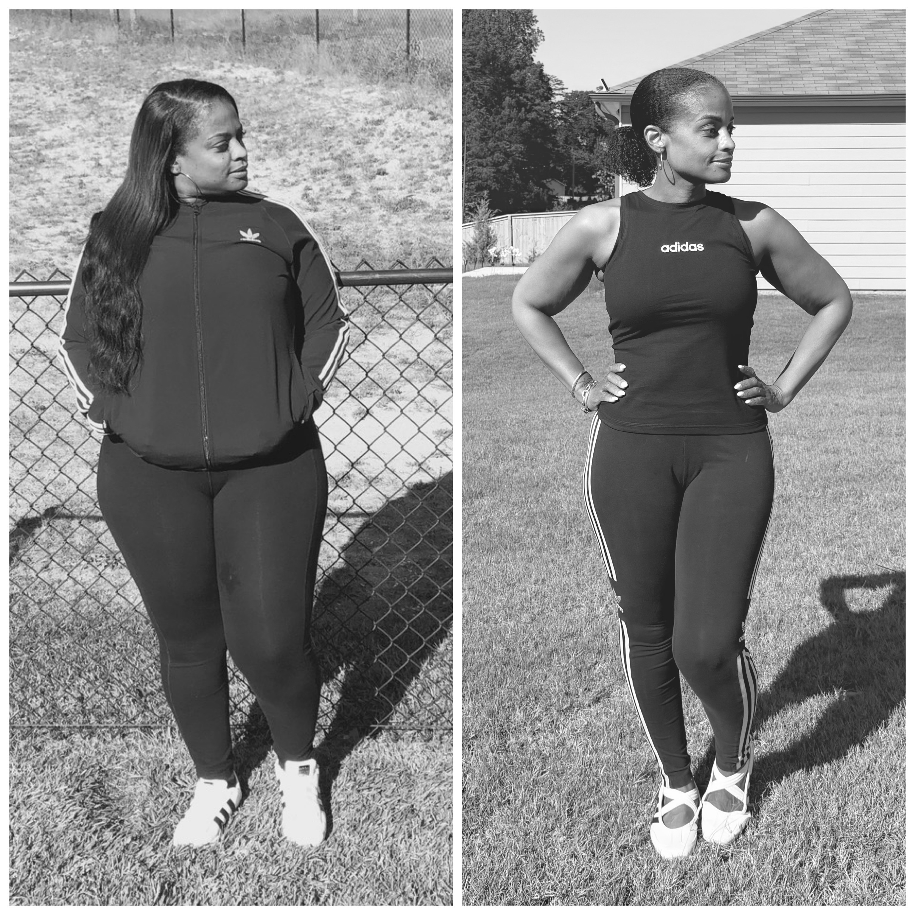 Two women standing outdoors, one in a tracksuit and the other in athletic wear, with hands on hips, facing sideways.