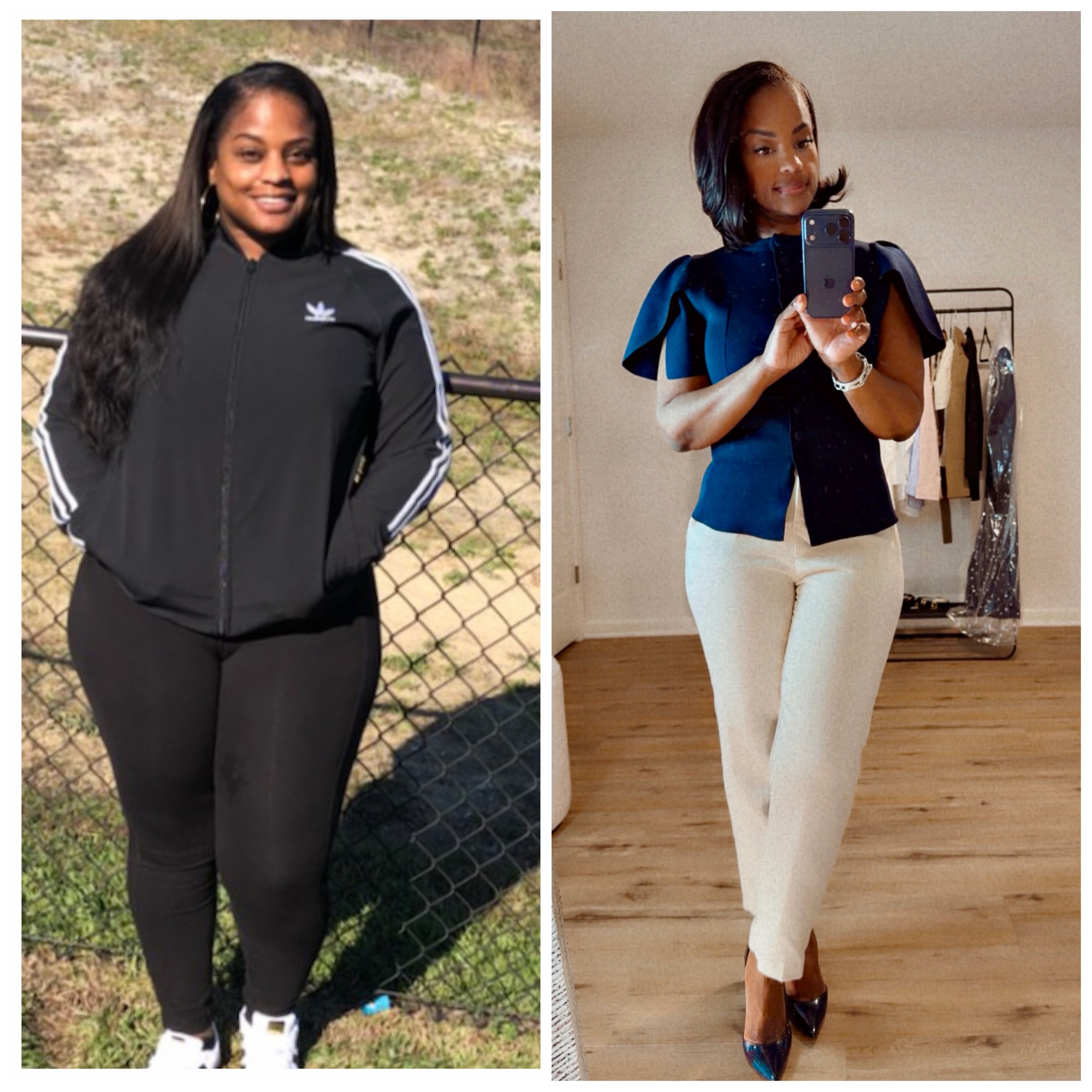 Side-by-side photos of a woman, one outdoors in a black tracksuit, the other indoors in a blue top and white pants.