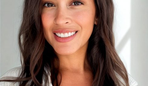 Smiling woman with long wavy hair wearing a white top, looking at the camera.