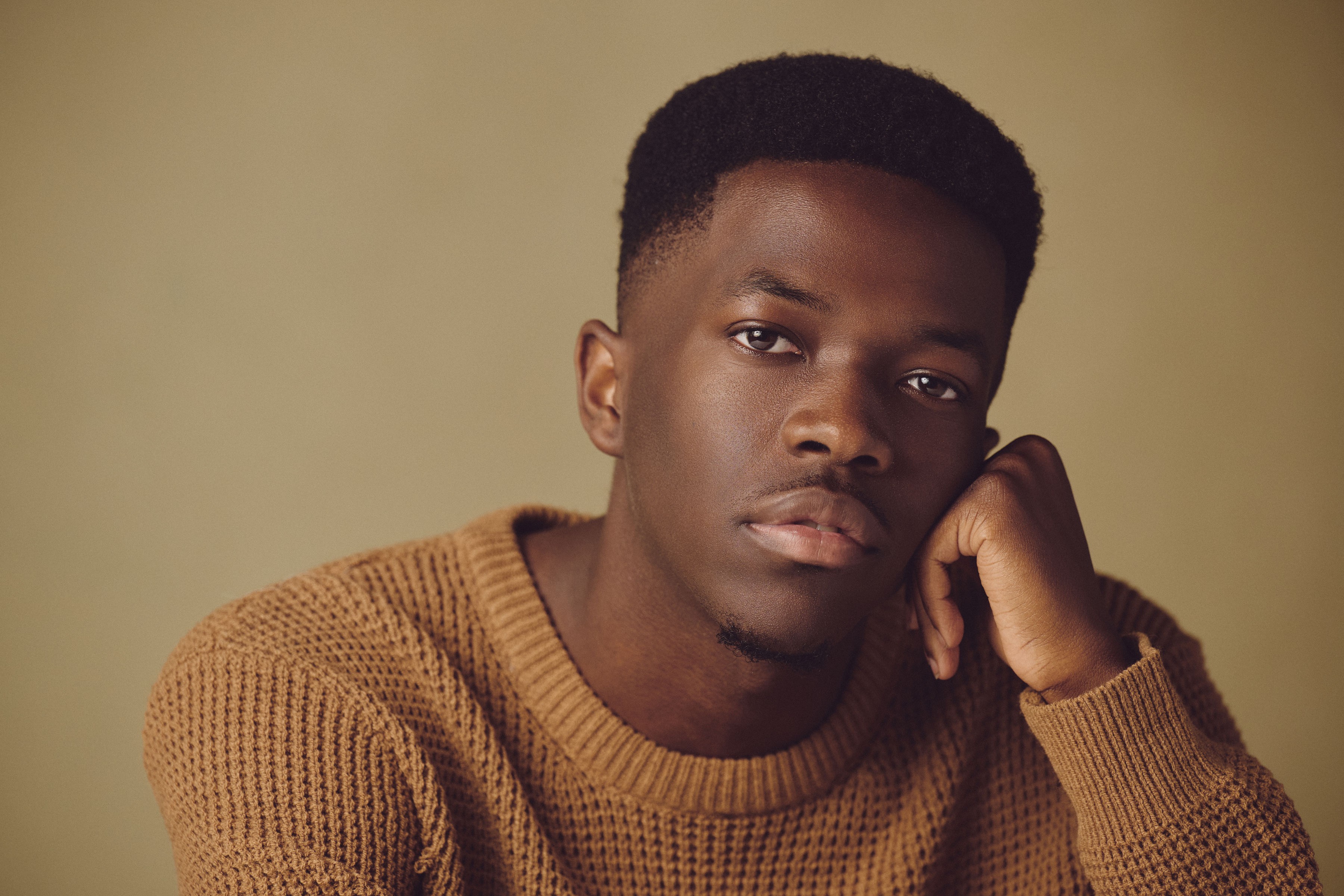 Young man with short hair wearing a brown sweater, resting his face on his hand, looking at the camera.