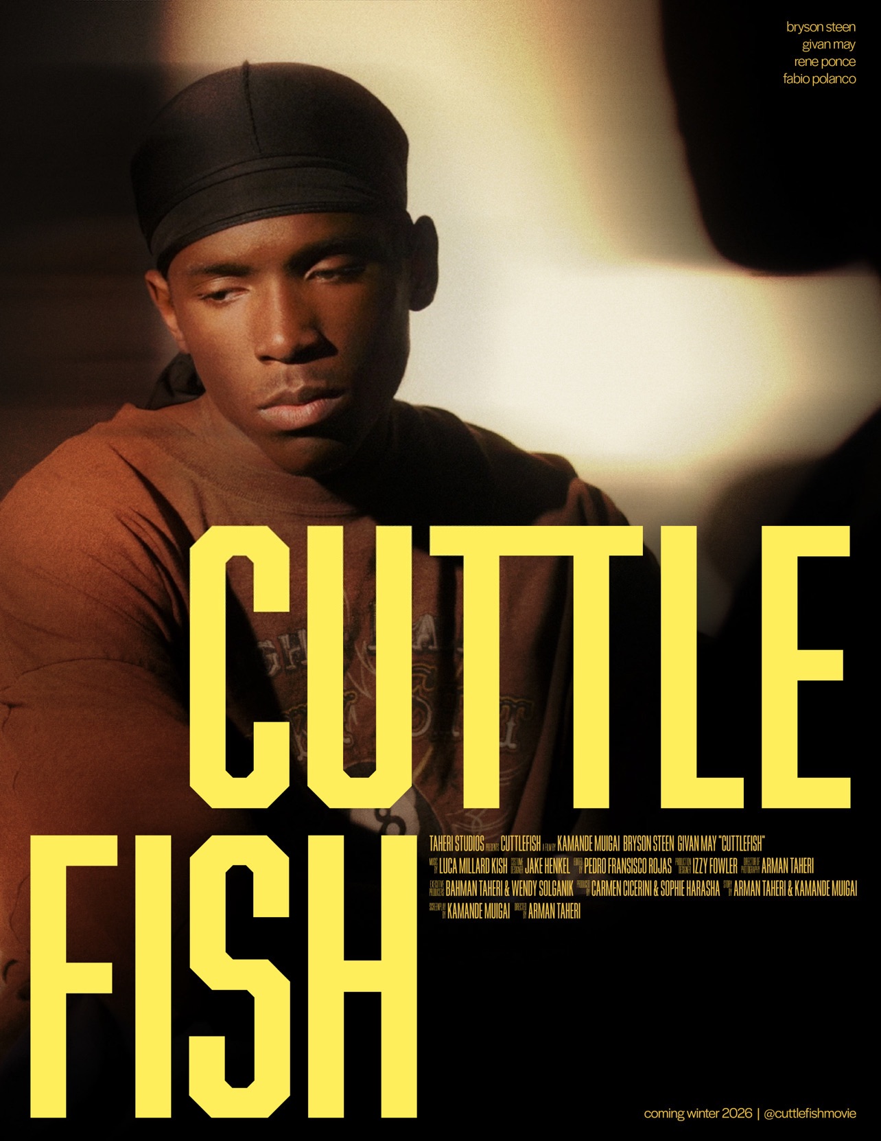 Young person wearing a black headscarf, looking to the side, with yellow text reading 'Cuttle Fish' and additional smaller text.