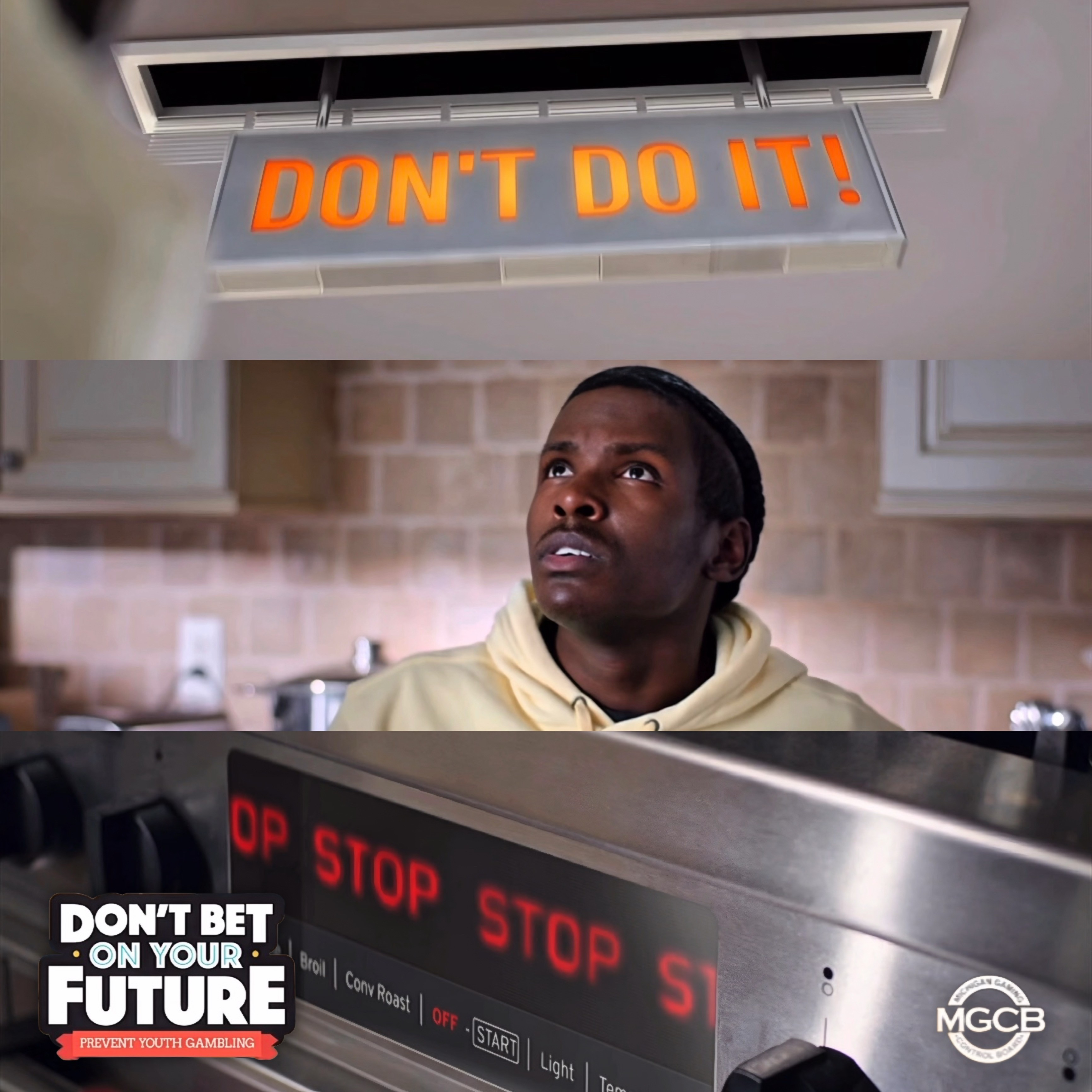 A man looks up at a sign that says 'DON'T DO IT!' in orange letters, with a kitchen background.