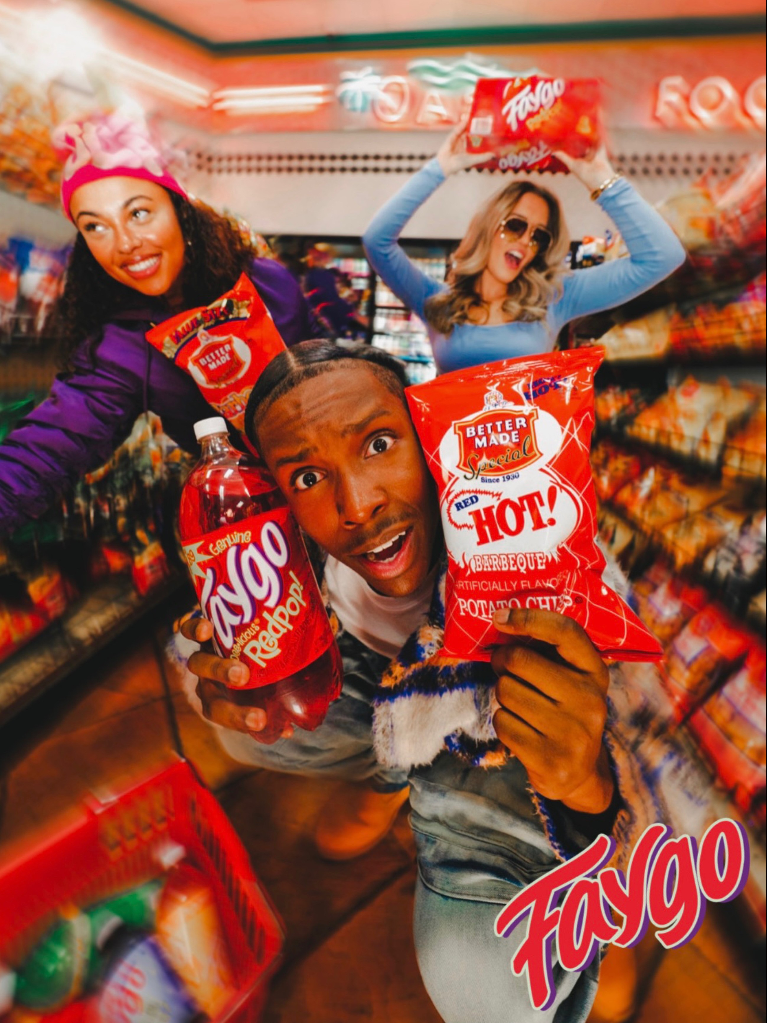 Three people shopping in a grocery store, holding bags of Lay's potato chips, smiling and excited.