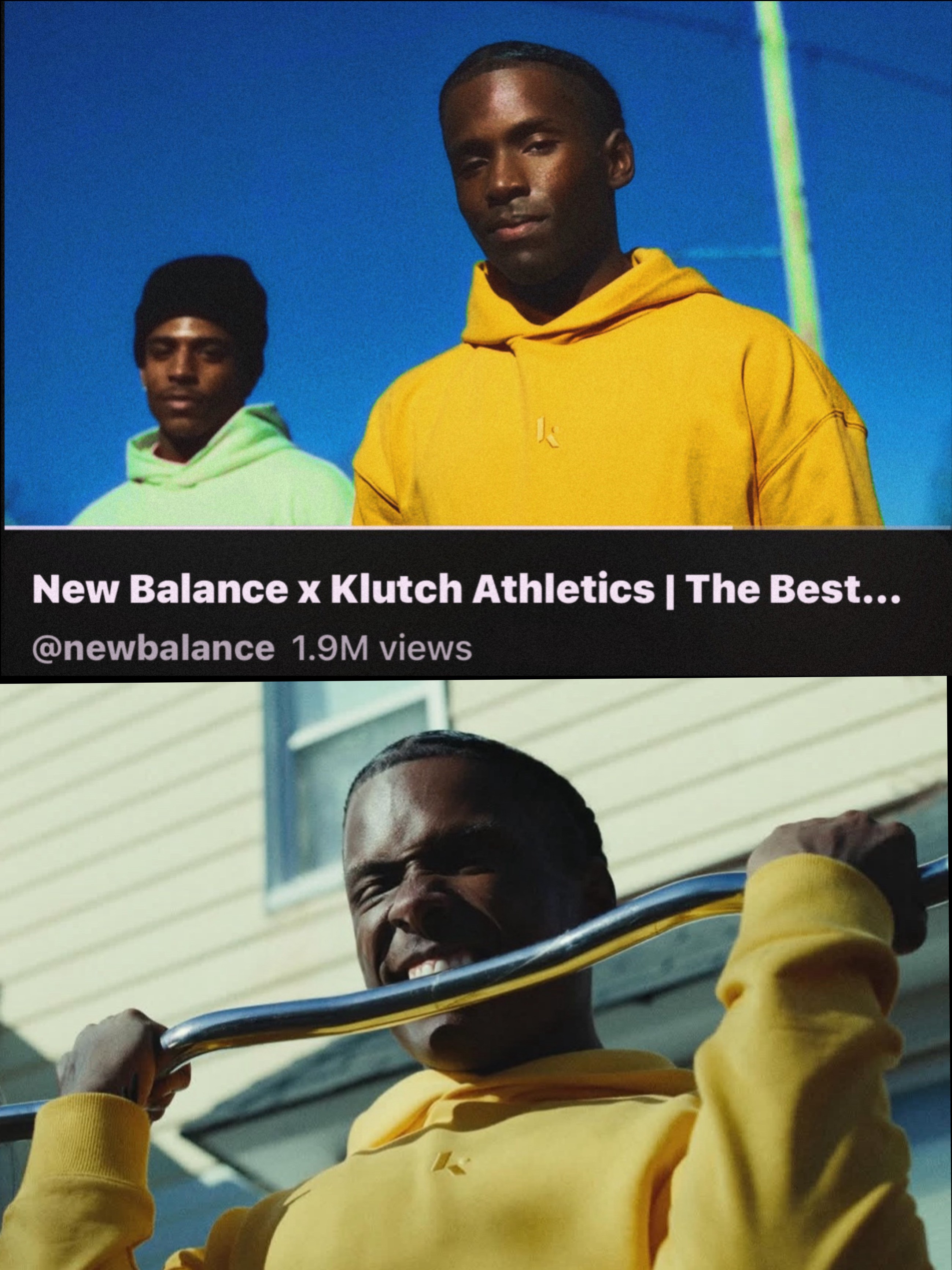 Two young men outdoors, one in a yellow hoodie and the other in a green hoodie, with a blue sky background.