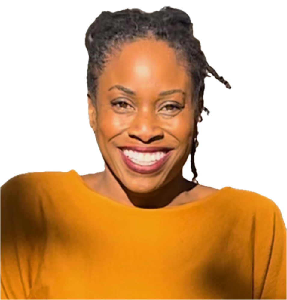 Smiling woman with braided hair wearing a mustard yellow top, facing forward, against a black background.