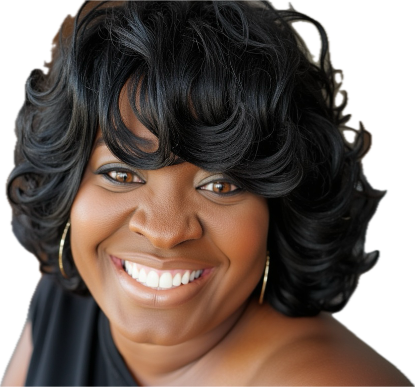 Close-up of a smiling woman with curly black hair, wearing hoop earrings, against a black background.