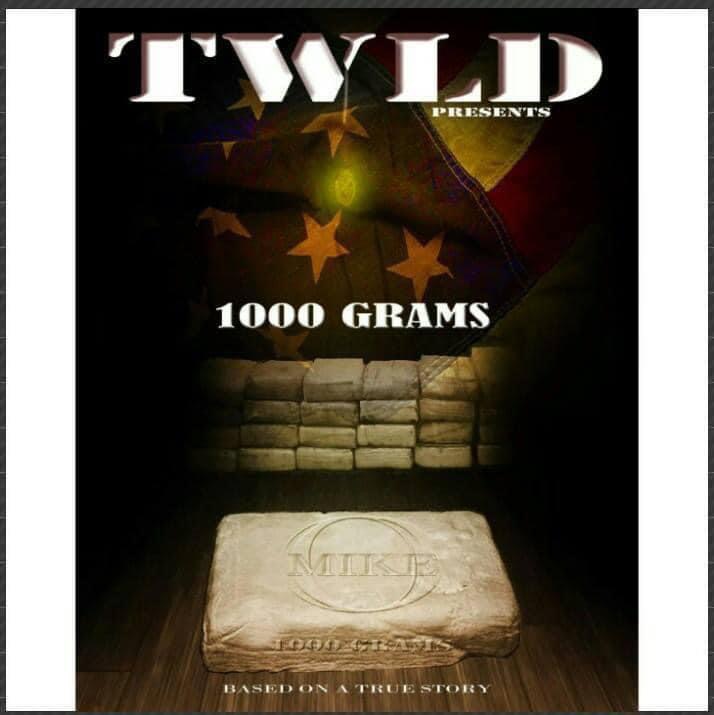 Box of drugs with a logo, stacked bricks, and a starry background, with text about 1000 grams and a true story.