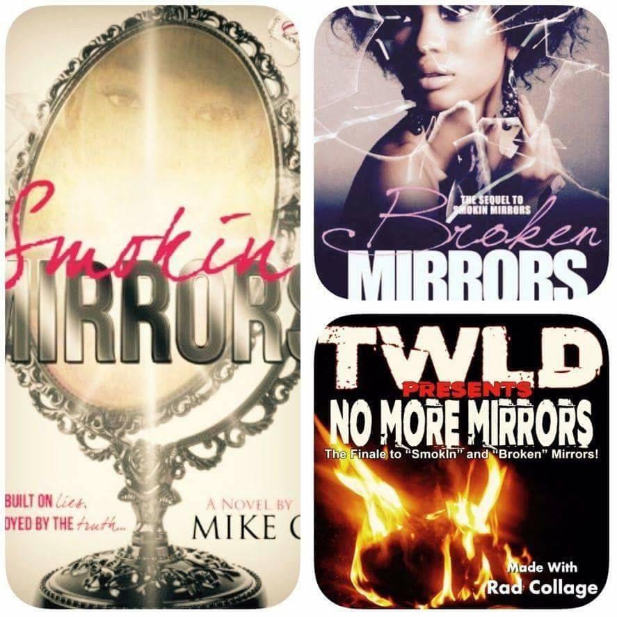 Three book covers, one with a mirror, one with a woman, and one with flames, arranged vertically.