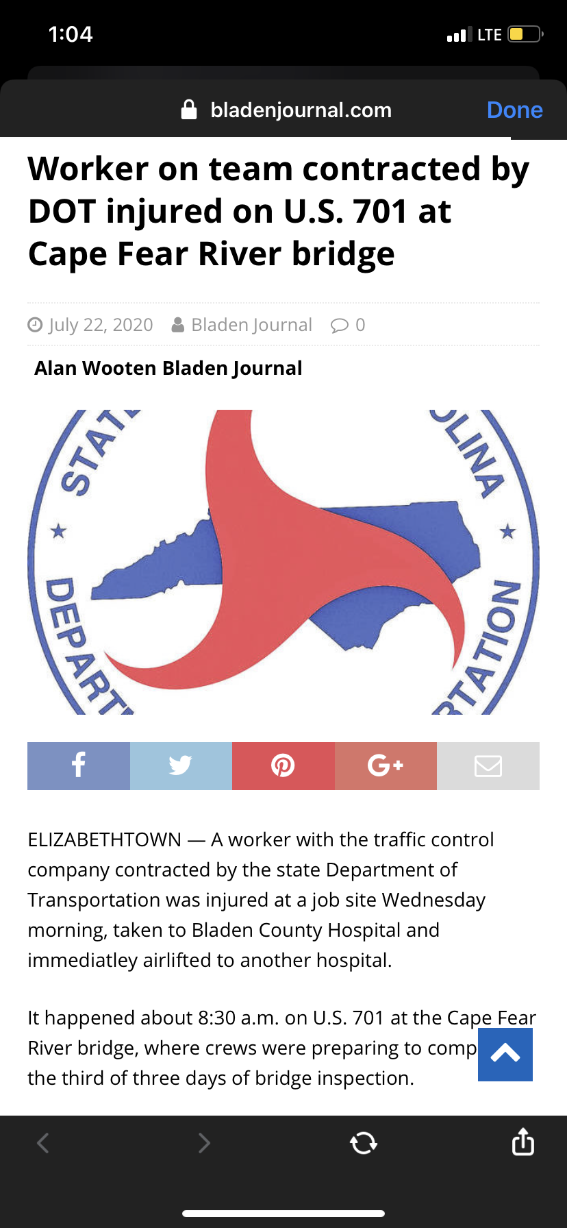 Screenshot of a news article about a worker injured on a bridge, with a logo of the California Department of Transportation, July 22, 2020.
