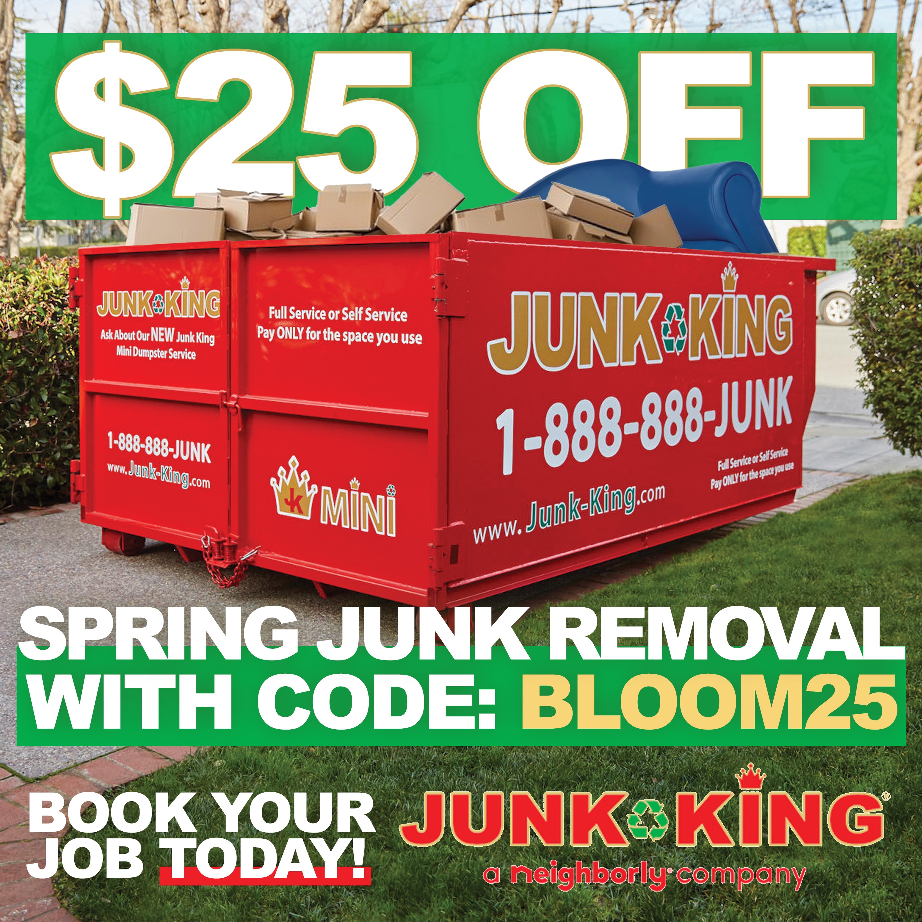 Red dumpster filled with cardboard boxes outdoors, advertising spring junk removal with a discount code, and contact information.