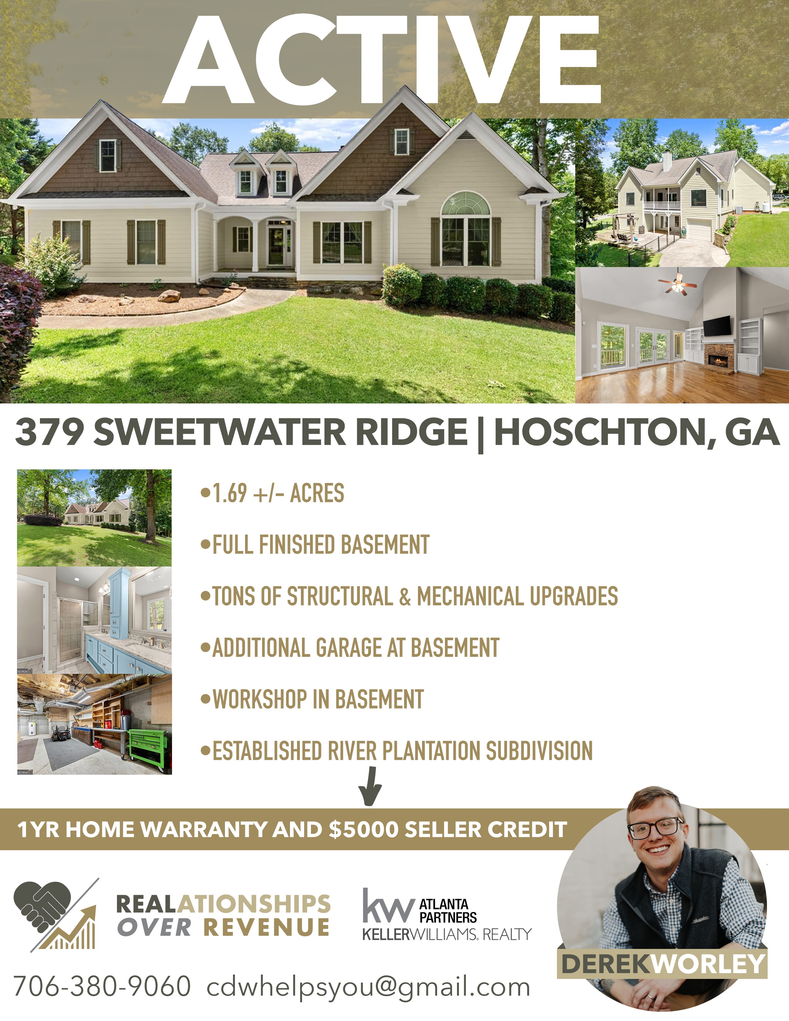 Large house with multiple gables and a well-maintained lawn, interior view of a room with white walls and furniture, and a man in glasses smiling. Text details about property in Hoschton, Georgia, and contact information.