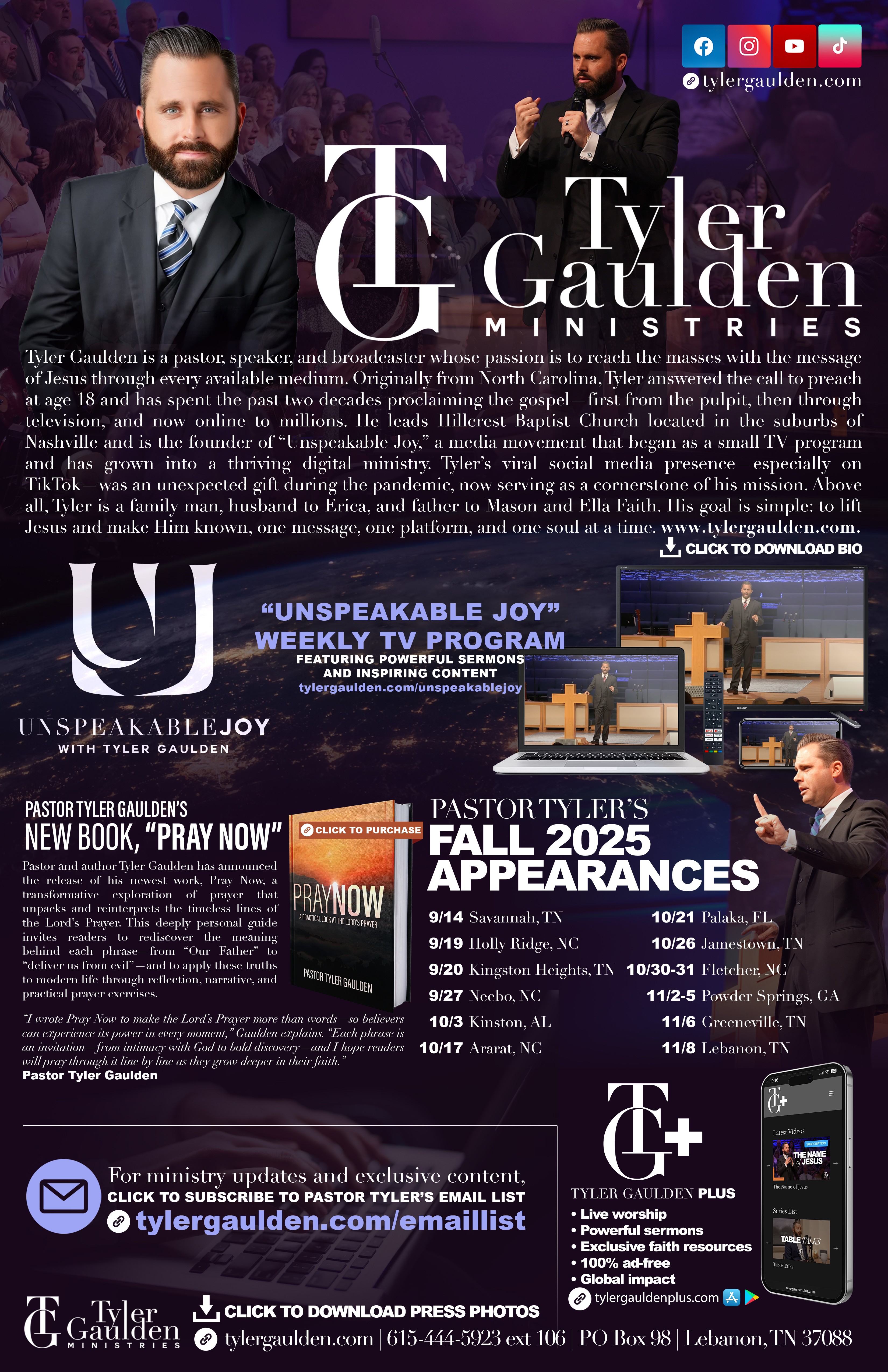 Promotional flyer for Tyler Gaulden Ministries featuring a man in a suit speaking on stage, with event details and book information.