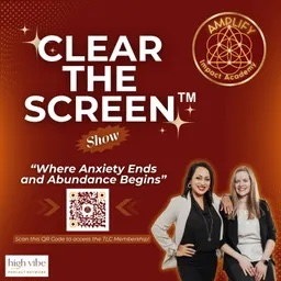 Red background with white text reading 'Clear the Screen' and a logo. Two women smiling, standing side by side.