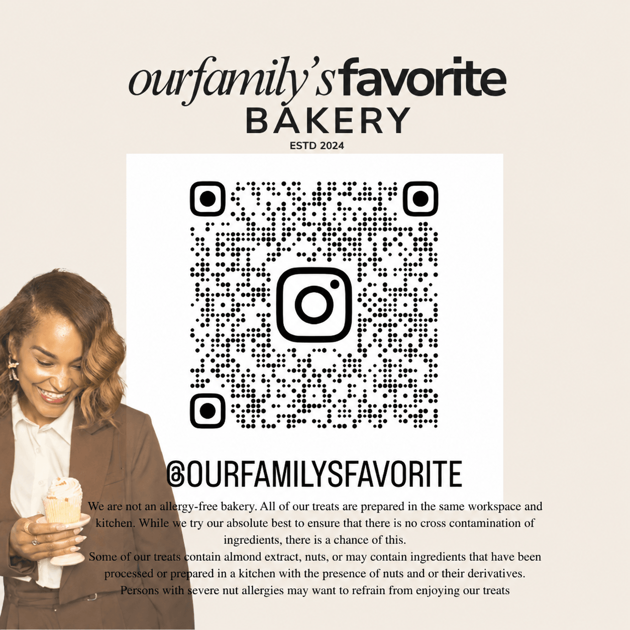 Bakery advertisement with Instagram QR code and a smiling woman holding a pastry, text about the bakery and allergies, beige background.
