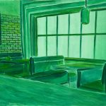 Interior of a room with green-toned furniture, large window, brick wall, and hanging light fixture.