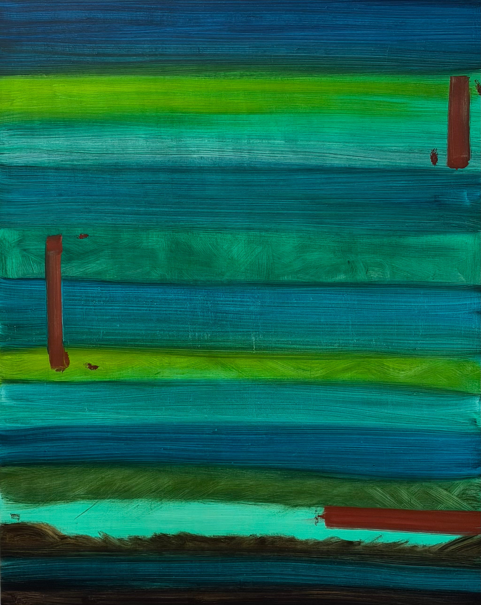 Horizontal abstract painting with blue, green, and brown horizontal stripes and vertical brown lines.