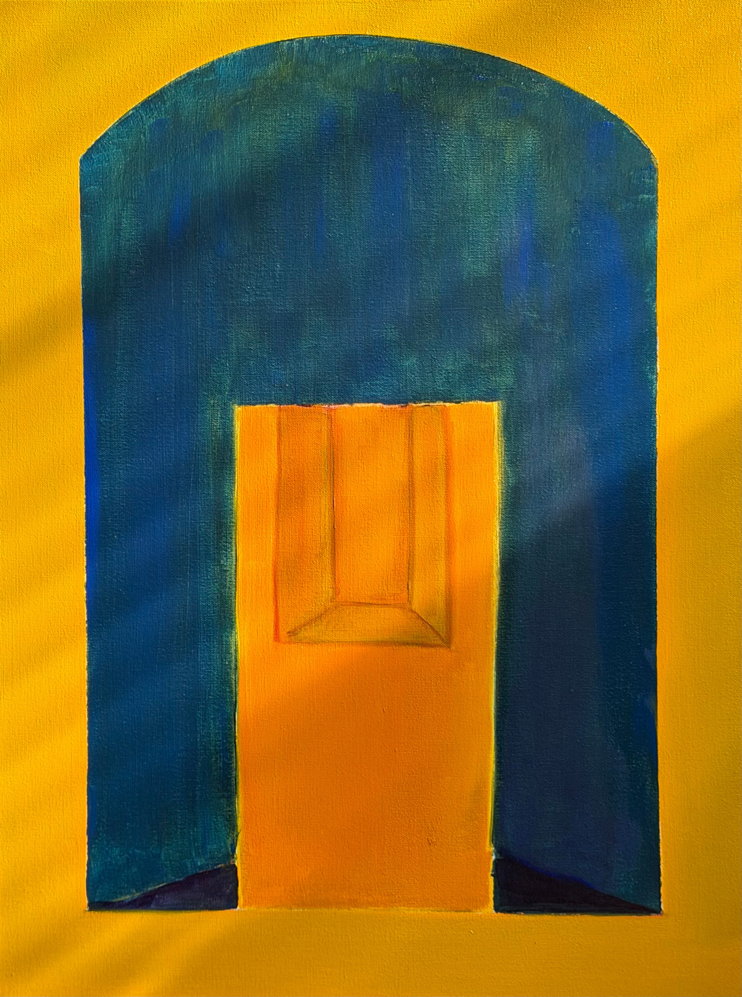 A colorful abstract painting with a yellow background, a blue arch, and an orange rectangular shape in the center.
