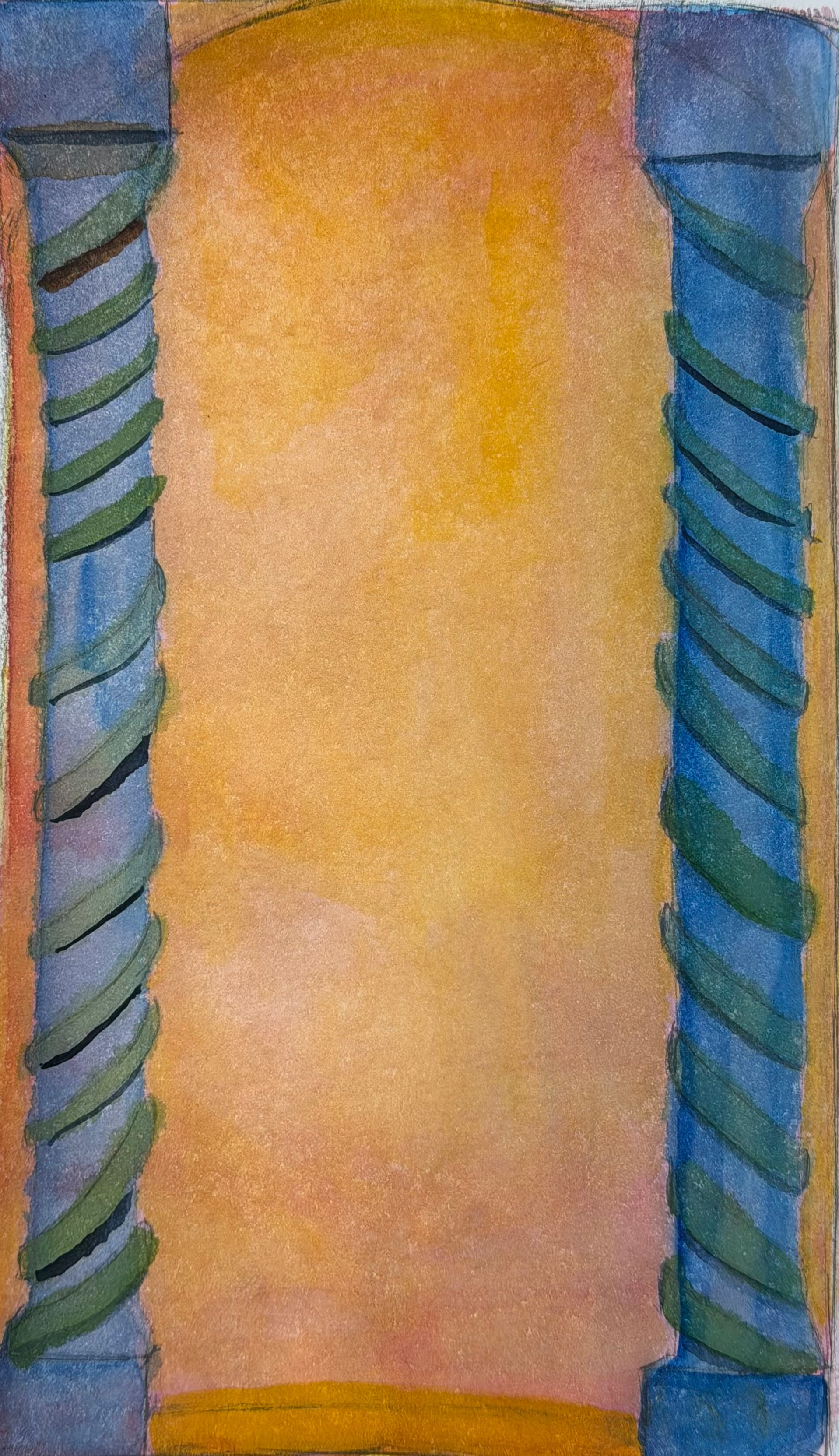 Two blue twisted columns frame a yellow-orange background, with a rounded top and a horizontal base at the bottom.