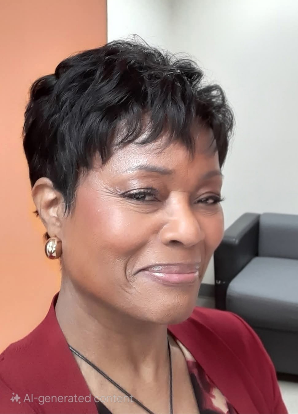 Woman with short black hair, wearing earrings and a red top, smiling in an indoor setting.