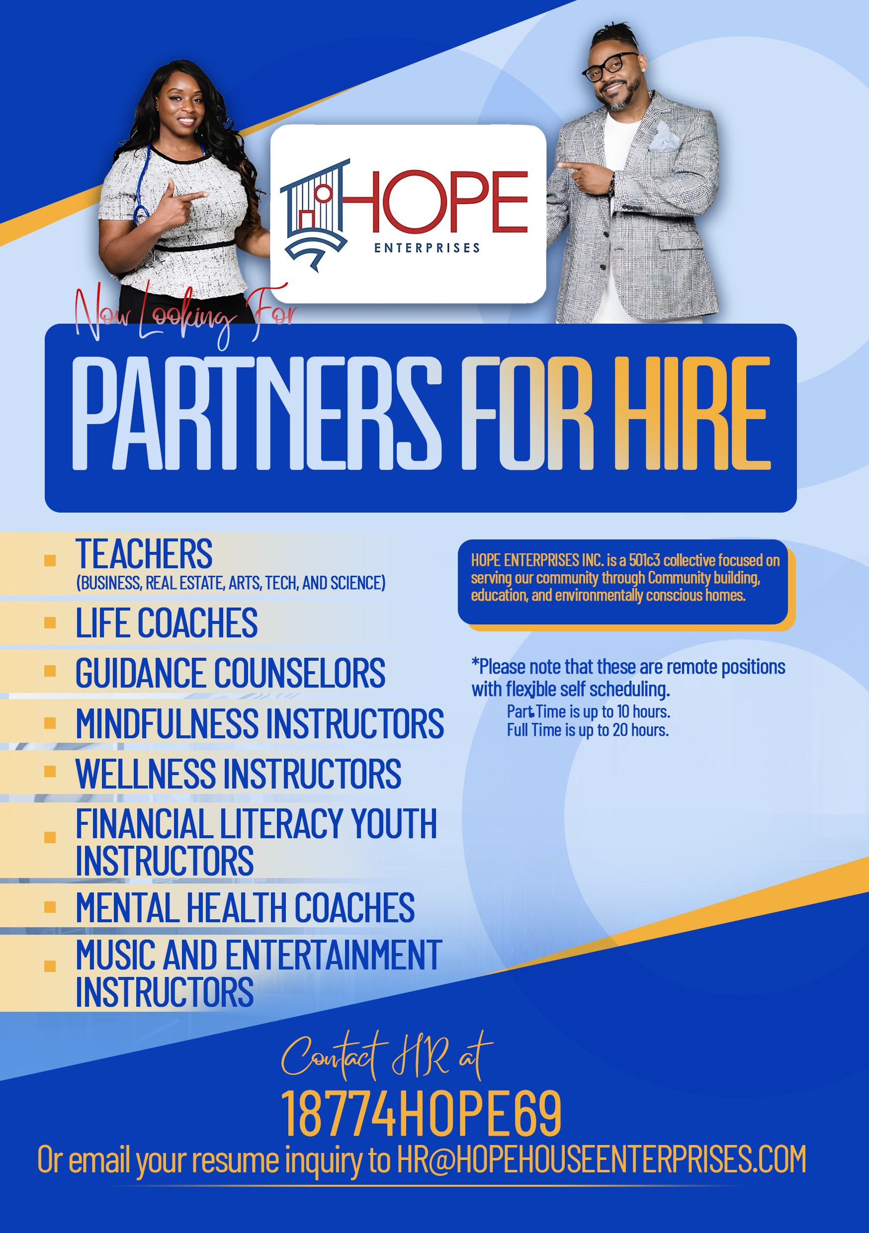 Two people standing in front of a blue and white background with text about hiring partners and services, smiling and posing. Alt text word count: 44. Confidence: 0.9