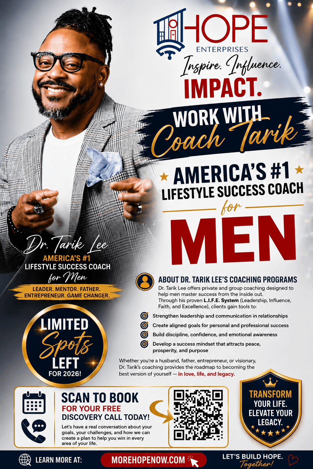 Smiling man in glasses and suit holding a glass, promotional poster for men's coaching programs, logo, and QR code.
